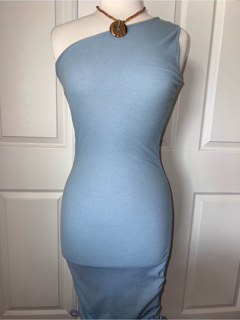 One-Shoulder Ribbed Bodycon Dress in Light Blue